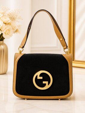 Authentic Gucci Blondie Shoulder Bag Black Suede Gold GG Logo Vintage Crossbody